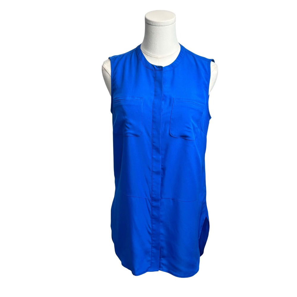 Talbots Sleeveless Blouse Blue Hidden Button Front Pocketed Career Women Size S